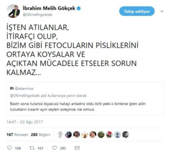 Gökçek'ten sosyal medyayı sallayan FETÖ tweeti - Resim : 1