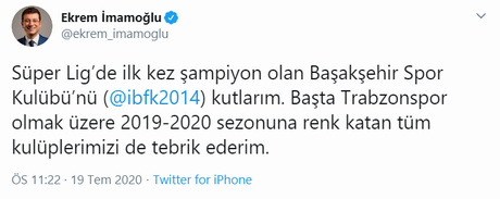 İmamoğlu'ndan Medipol Başakşehir'e tebrik mesajı - Resim : 1