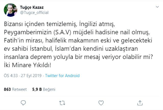 Tuğçe Kazaz'ın deprem paylaşımı olay yarattı - Resim : 1